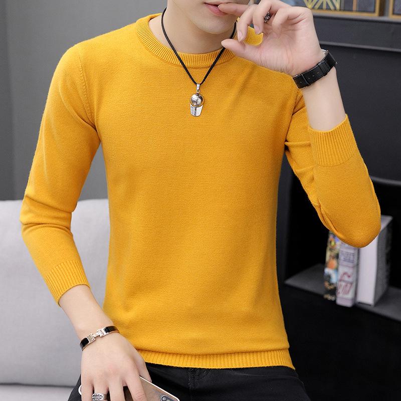 Men's White Round Neck Long Sleeve Knit Sweater for Spring, Autumn, and Winter