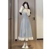 Petite Women's Spring Autumn Elegant Patchwork Bowknot A-line Dress with Waist-cinching Design