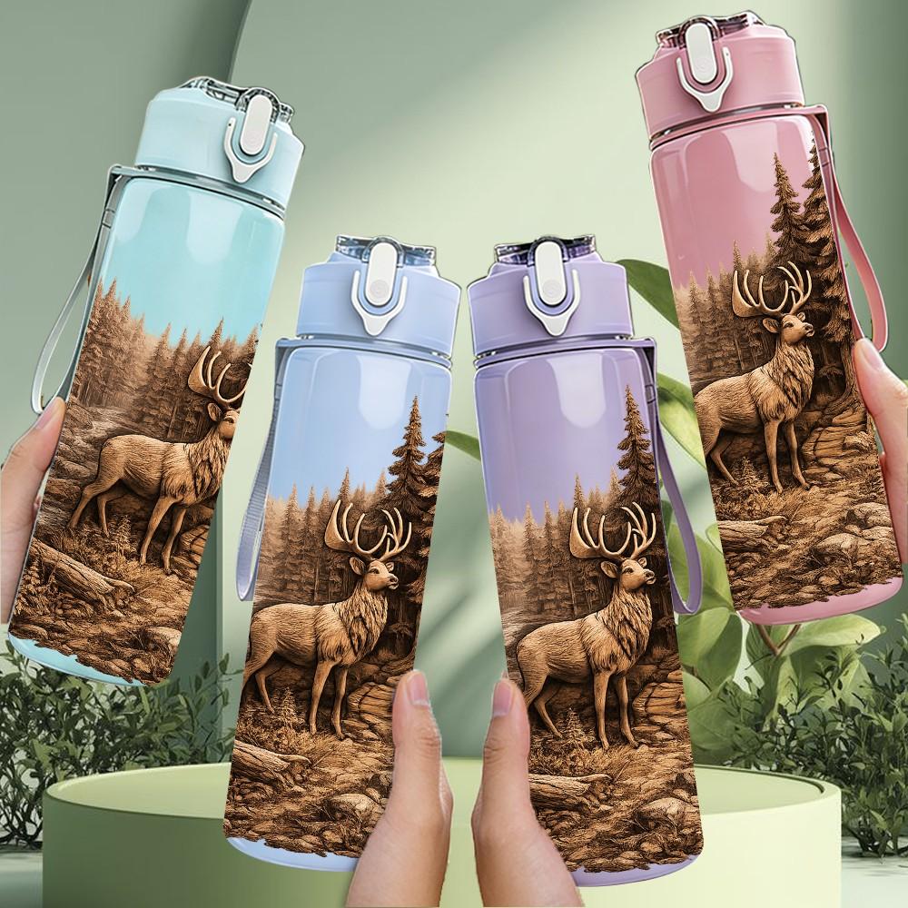 1PC Deer Pine Forest Wood Carving Style Print 750ml Color Plastic Sports Water Bottle Leakproof Flip Straw Lid Suitable for Sports Office Home Use