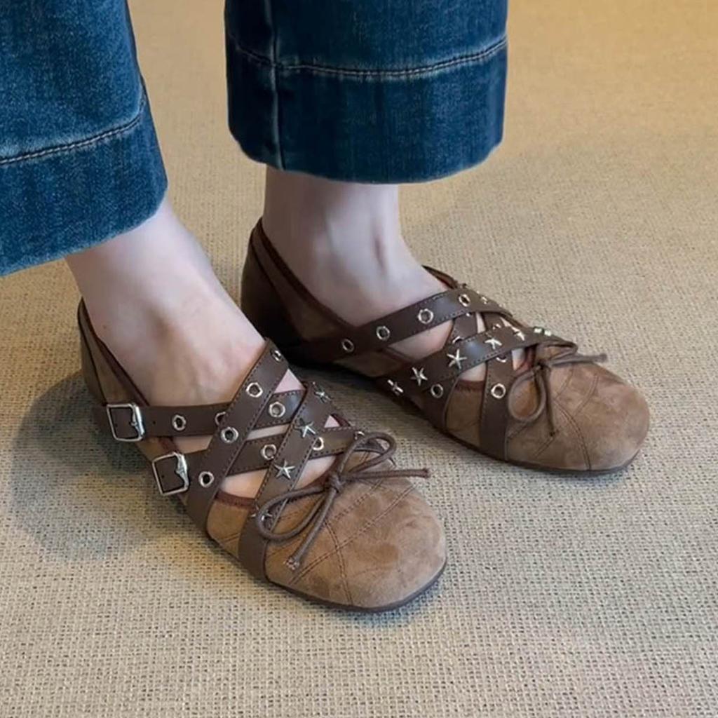 Sheepskin version~ Cross strap frosted leather bow Mary Jane shoes women's retro flat-bottomed sports ballet single shoes