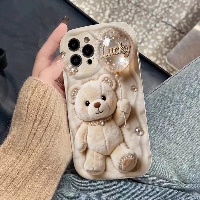 Cute Cartoon Teddy Bear Pattern Wavy Edge Phone Case For iPhone 17 Air 16 16E 15 14 13 12 11 Pro Max XS XR X 15 14 Plus Cover iPhone 14