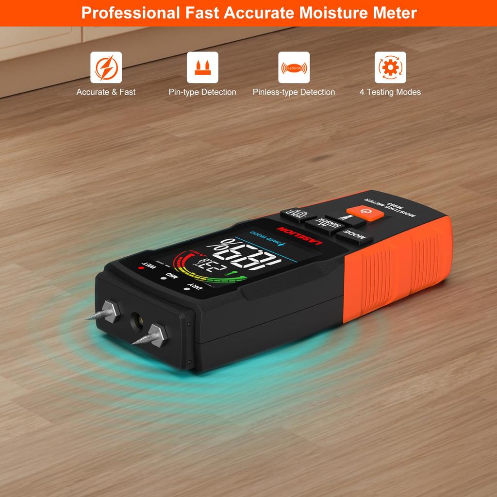 LASELION 2-in-1 Pin & Pinless Moisture Meter MS03 – Accurate Moisture Detection for Wood, Concrete, Drywall, Etc. – LCD Display with Hold Function, Fl