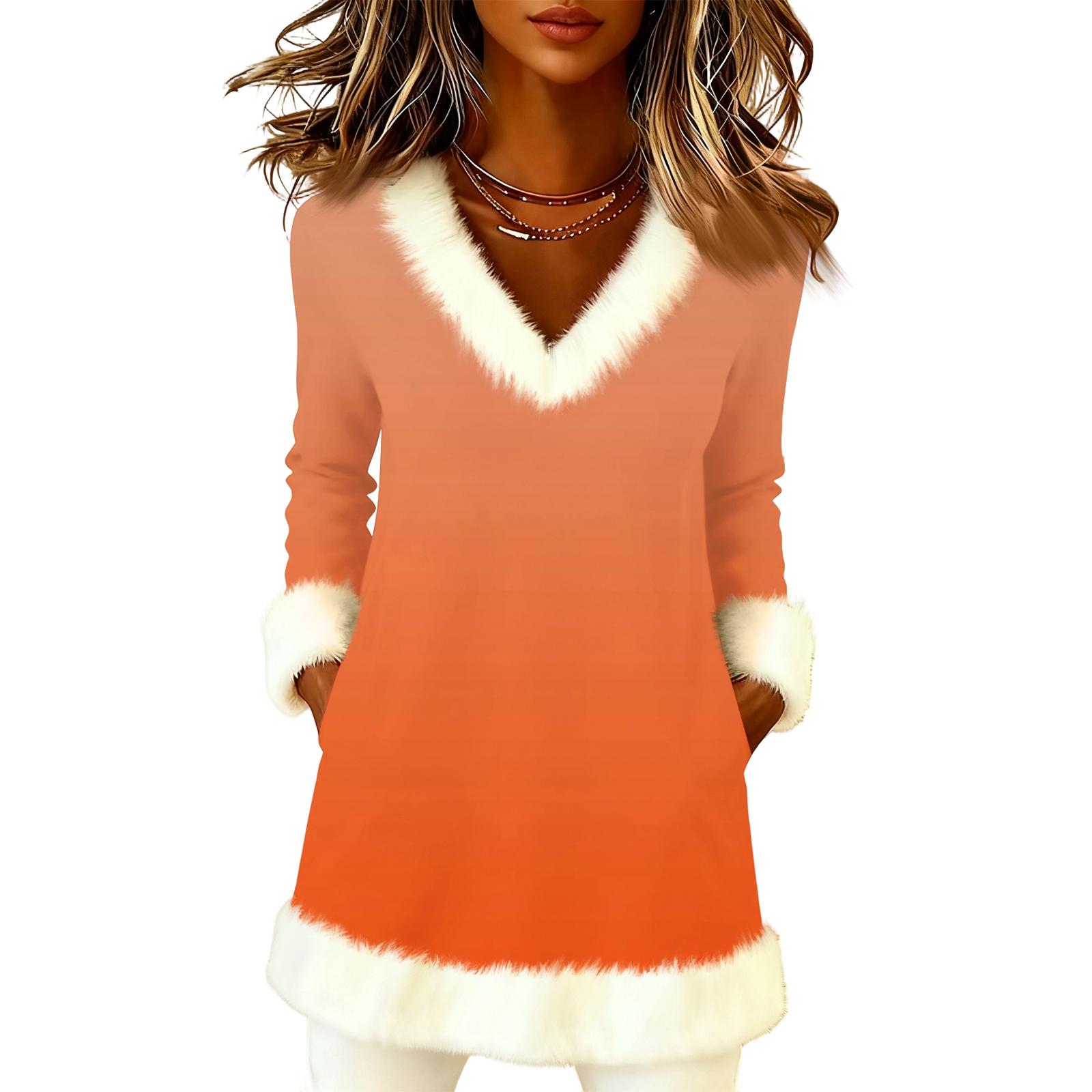 

Women s Christmas Fashion Plush V-Neck Pullover Gradient Color Long-Sleeved Top L шафрановий