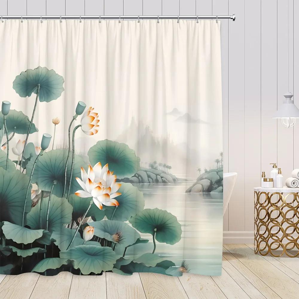 Chinese Style Shower Curtains Lotus Koi Bamboo Chinese Ink Painting Bathroom Curtain Vintage Bath Decorations For Home