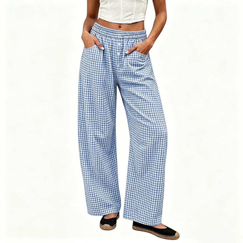 Women's Loose Fit Wide Leg Pants with Elastic Waist and Button Pockets Plaid Print Casual Trousers