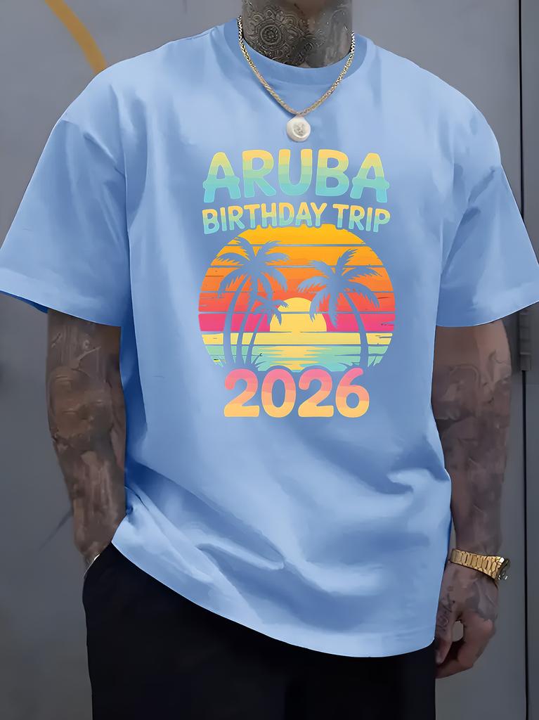 Unisex O Neck Tee Aruba Birthday Palm Sunset Graphic Print Cotton Short Sleeve Loose Summer Breathable Daily Casual Basic Wear Top