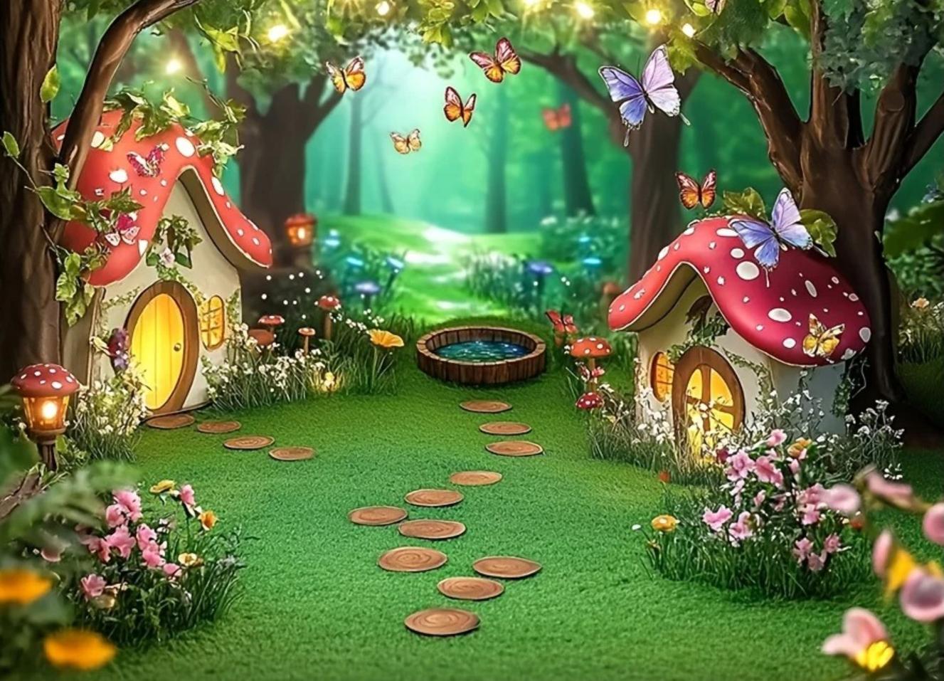 fairy tale forest mushroom themed birthday party photo background, children s birthday party decor Vinyl 75X50cm