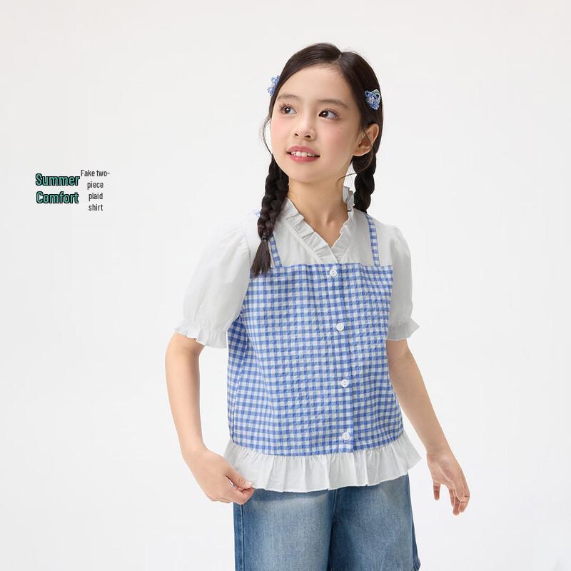 

Xiao Yin Man Girls Faux Two-Piece Plaid Ruffle Puff Sleeve Shirt 150
