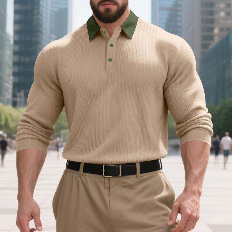 Mens American Turn Down Collar Heavy Weight Color Block Casual Long Sleeve Polo Shirt