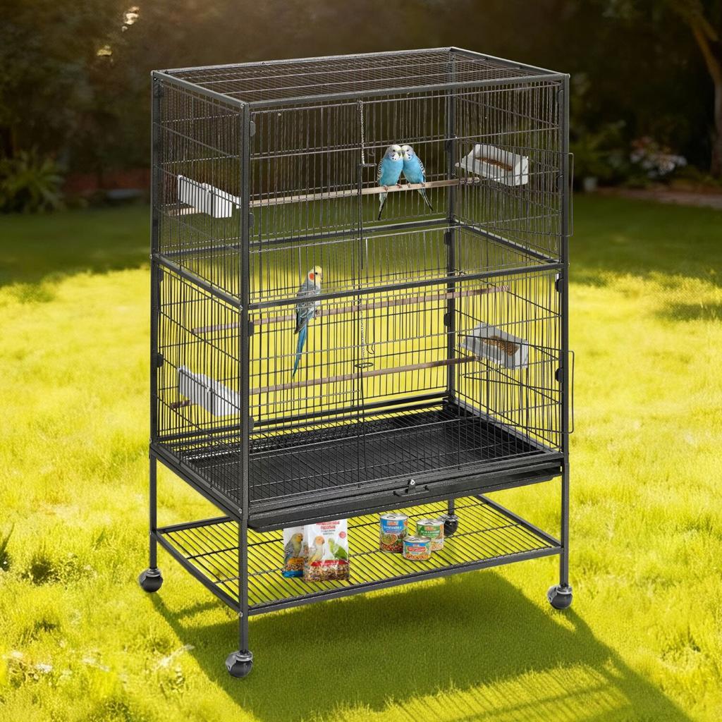 Bird Cage, 800 x 520 x 1320mm, Flat Top, Wrought Iron Bird Flight Cage with Perches, Slide-Out Tray and Plastic Feeders, Casters, for Parrot, Blue
