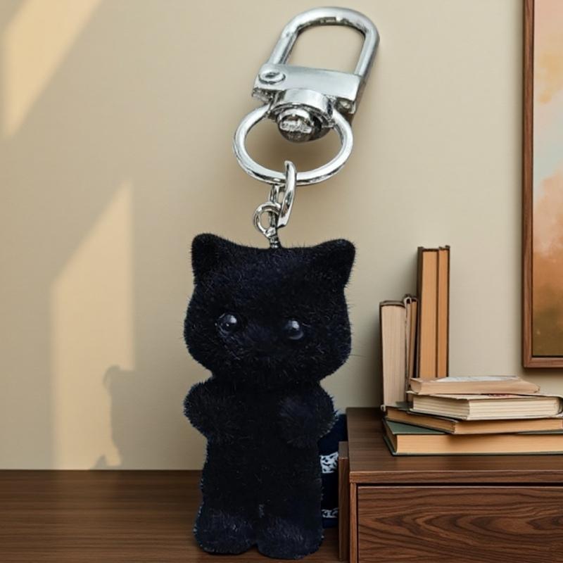 Cute 3D Flocking Kitten Keychain Simulation Animal Hobby Cartoon Doll Girl Keyring Car Bag Purse Phones Pendant Key Ring Gift