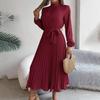 Autumn Winter Women Stand Collar Long Sleeve High Waist A Line Pleated Solid Long Dress Sizes S To XXXL