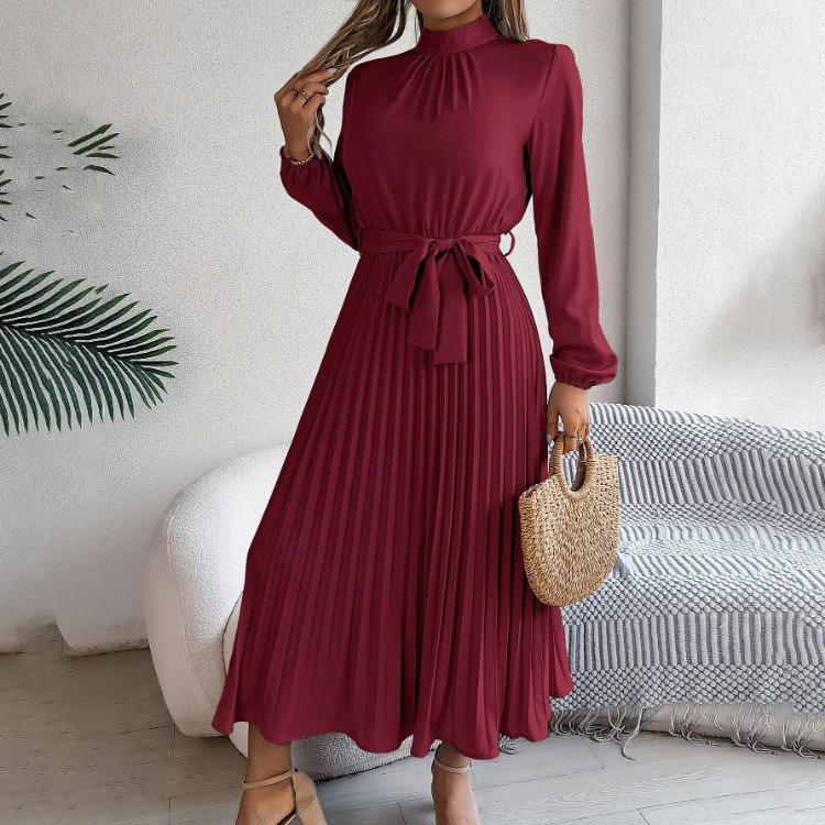Autumn Winter Women Stand Collar Long Sleeve High Waist A Line Pleated Solid Long Dress Sizes S To XXXL