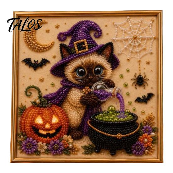 Creative Gifts for Cat Lovers Halloween Witch Hat DIY 3D Pearl Painting Kit with Frame, Hand-Pasted Art Craft Adults, Relaxing Handcrafted Living Room