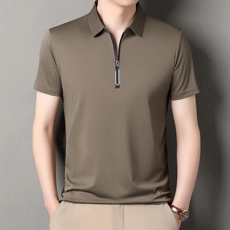 New Men's Business Casual Zipper Short Sleeve Solid Color Polo Shirt Fashionable Warm Comfortable Four Seasons Versatile Top