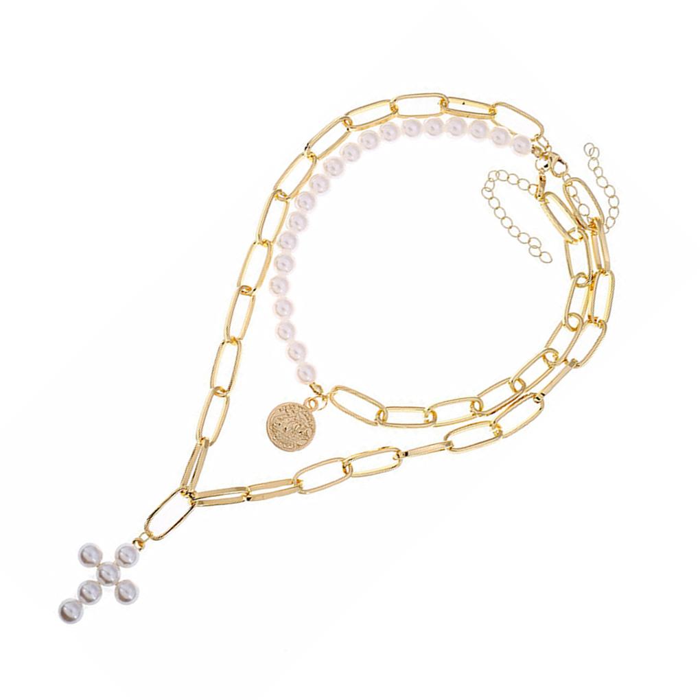 2 Layer Faux Pearl Necklace Round Figure Pendant Thick Chain Choker Jewelry Gift for Girls Women