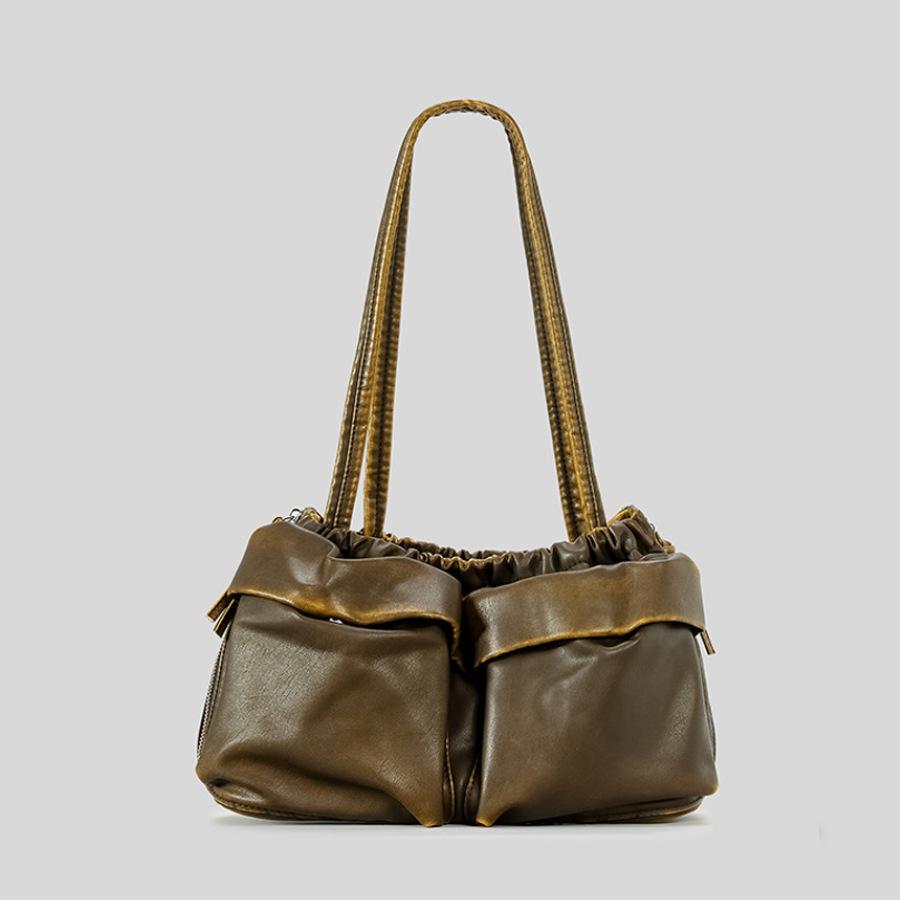 Women's Genuine Leather Bag Tote Backpack Pleated Female Bags Square Shoulder Large Capacity Multi-pocket Trend