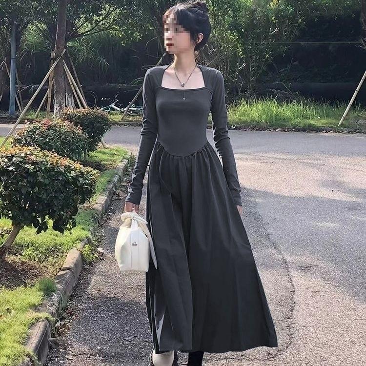 French Chic Long Sleeve Dress With Spliced Knitted Fabric For Autumn Fashion
