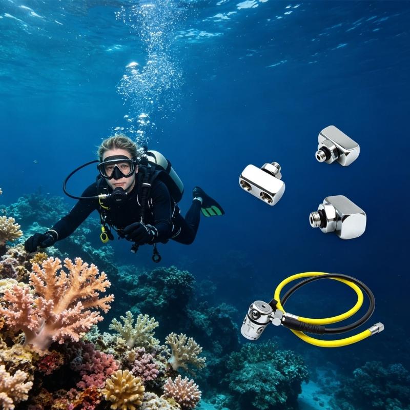 Diving Equipment Hose Connector with Threaded End , O-Rings Seal and Compacts Body for Drysuit Use and Gear Checks