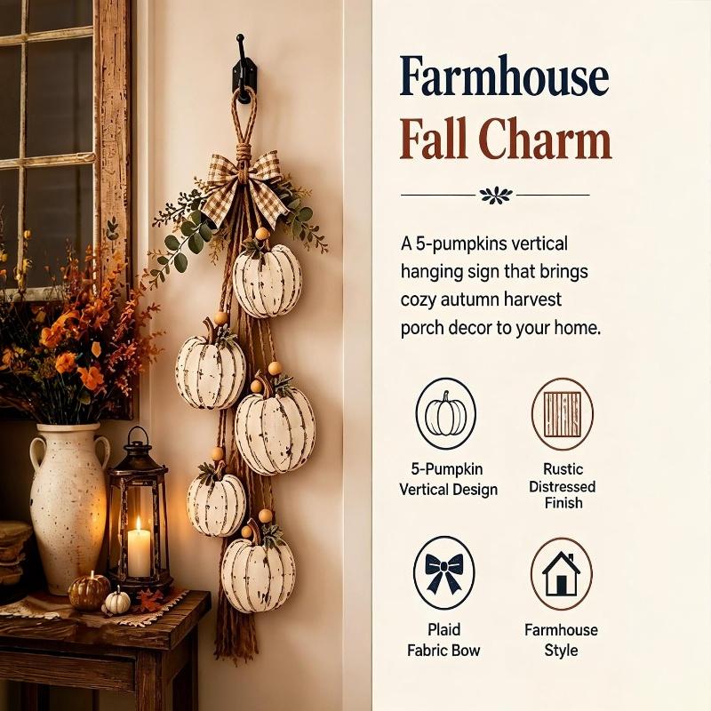 Rustic White Pumpkin Hanging Swag Fall Wall & Door Decor Distressed Wooden Pumpkins with Plaid Bow and Optional Warm LED Lights for Farmhouse Fall
