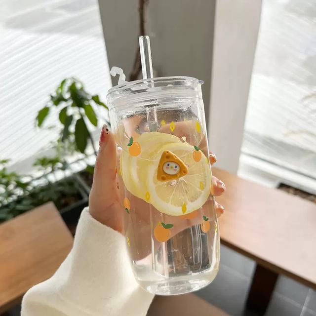 Kawaii blomma glaskopp med lock sugrör Söt apelsin kaffemugg Mjölkdrycker Koreanskt vatten Juice Tekopp Dryckesgods Present 600ml
