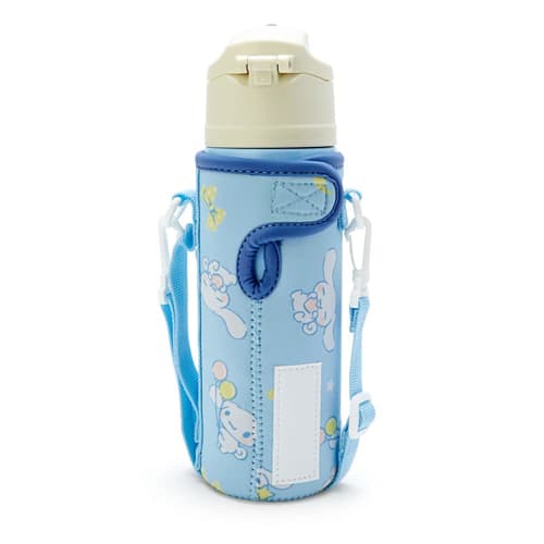 Sanrio Children's Water Bottle, 470ml, One-Touch, Stainless Steel, Cinnamoroll Design, Keeps Drinks Cold, Includes Pouch with Shoulder Strap, and Name