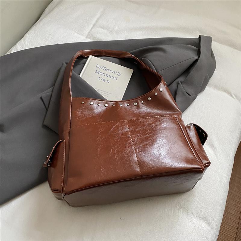 PU Hobo Bag Women's Fashion Shoulder Tote with Stud Detail Multiple Pockets Casual Everyday Handbag