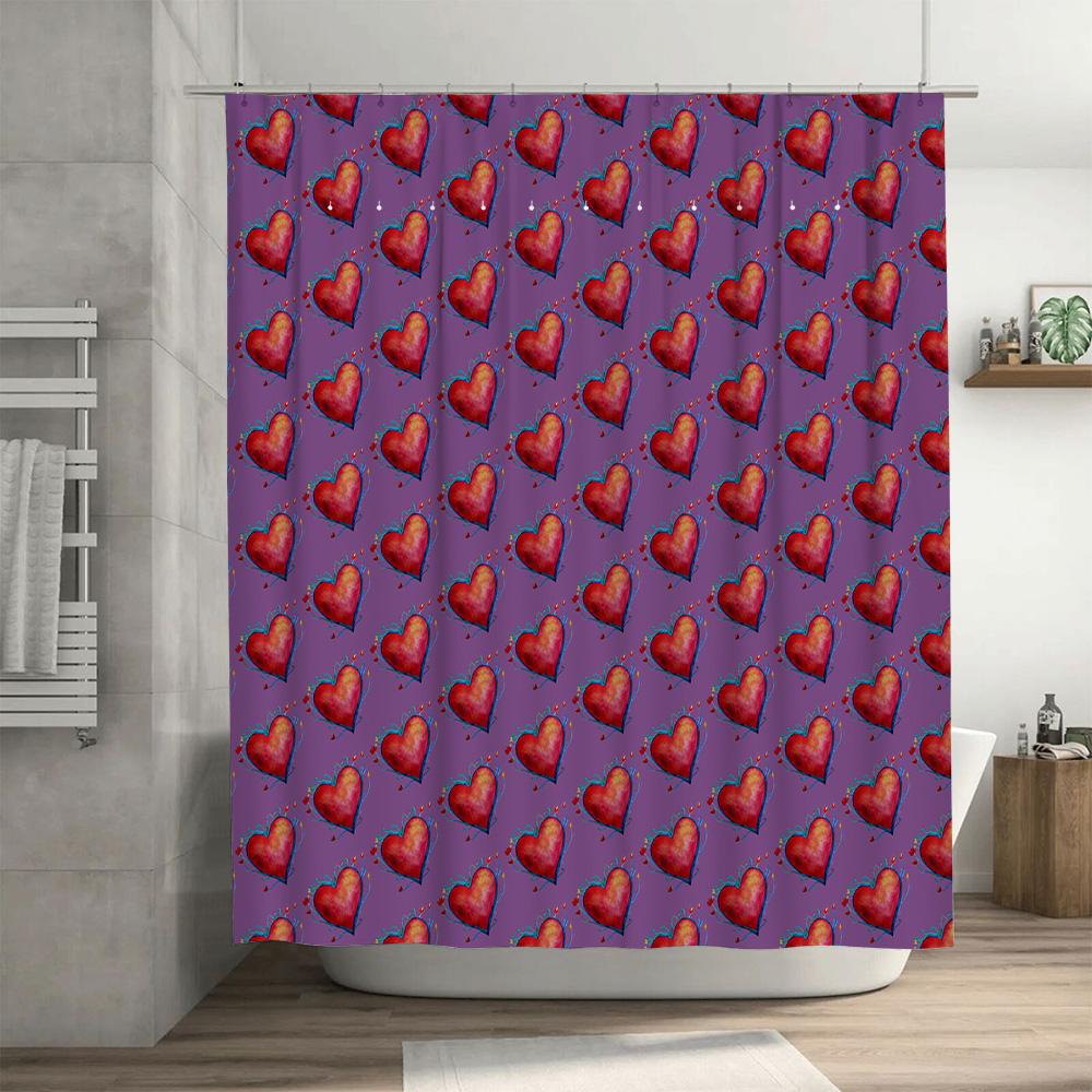 Watercolor Heart Shower Curtain Set: Purple Red Love Pattern Bath Decoration Decor