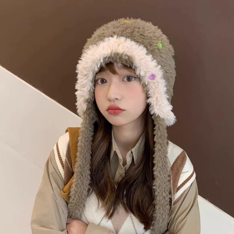 Autumn and winter children cute versatile thickened warm plush hat show face small winter ear hat