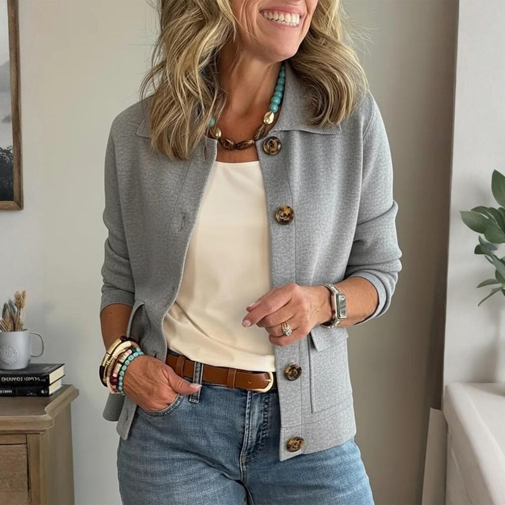 Women's Fashion Solid Color Collar Long Sleeve Button Pocket Jacket