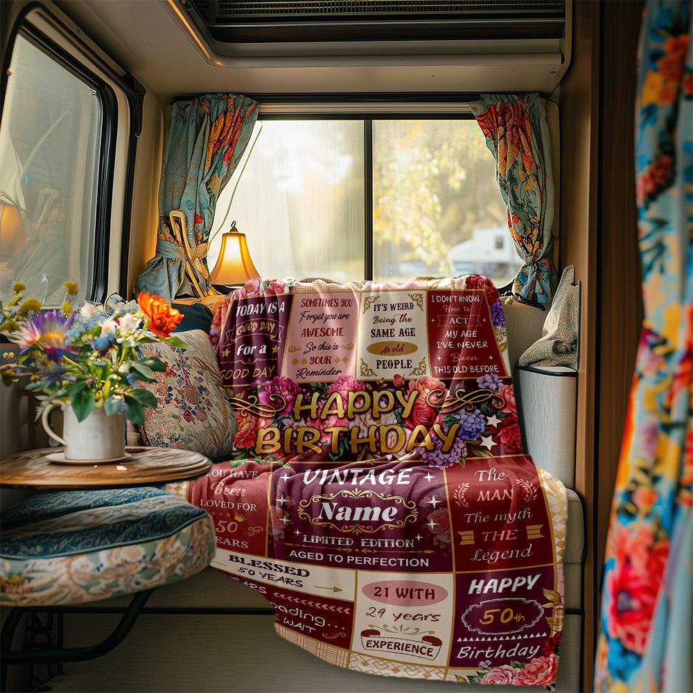 Vintage Floral Birthday Celebration Blanket Personalized Name Soft Comfortable Stylish Blanket Car Blanket Perfect For Travel Camping Outdoor Home