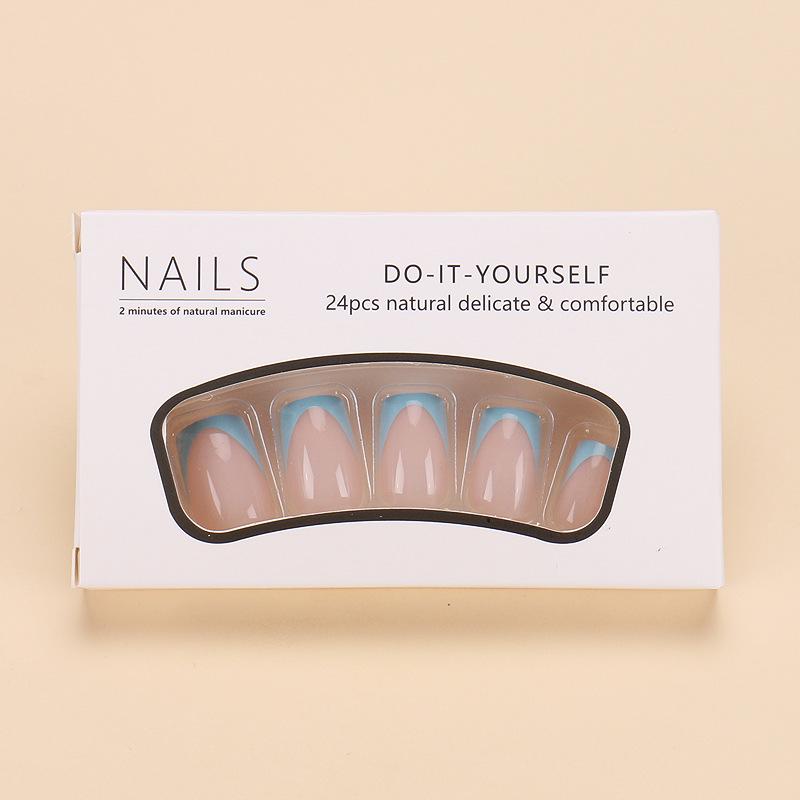 French Blue Edge Wearable Nail Art: 24 Pieces of Short Square False Nails