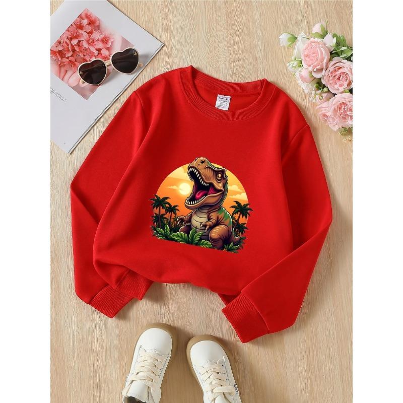 Unisex Crewneck Sweatshirt - Dinosaur Sunset Palm Jungle Cartoon Machine Washable, Spring And Autumn, Sportswear And Casual Wear, Soft And Comfortable