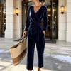 Women's Casual Color V-Neck Long Sleeve Top and Wide Leg Pants Two-Piece Outfit Set