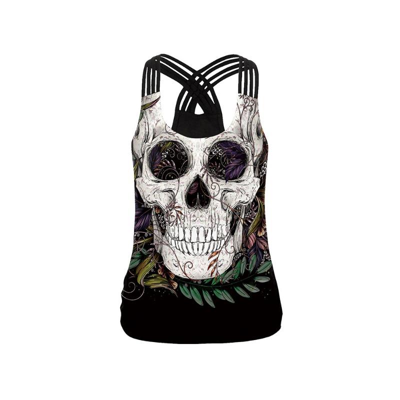 Skull digital printing body sling vest female Halloween hollow belt vest casual breathable bottoming shirt