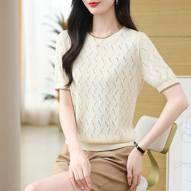 Summer Women's Round Neck Knitted T-shirt Women's Knitted Sweater with Hollow Out Thin Design Slimming Top