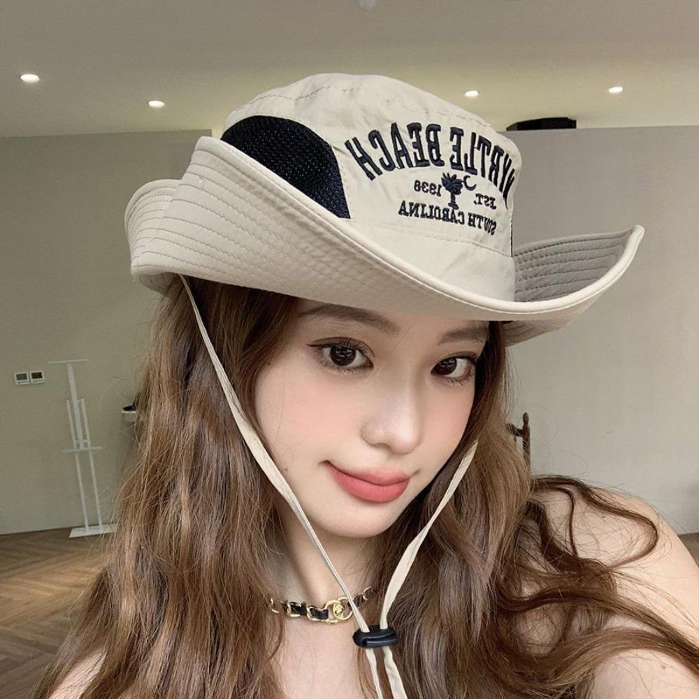 Embroidered Bucket Hat Wide Brim Fisherman Hat Fashion Sunshade Hat  Women