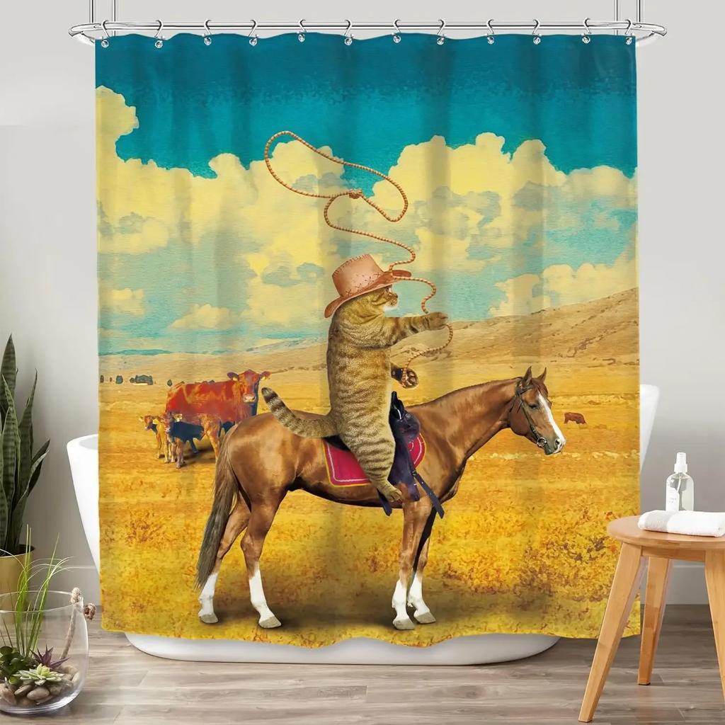 Funny Cat Shower Curtain, Dinosaur Cat Dog Animal Shark Funny Ocean Coral Goldfish Bathtub Bubbles Kids Cartoon Bathroom Decor