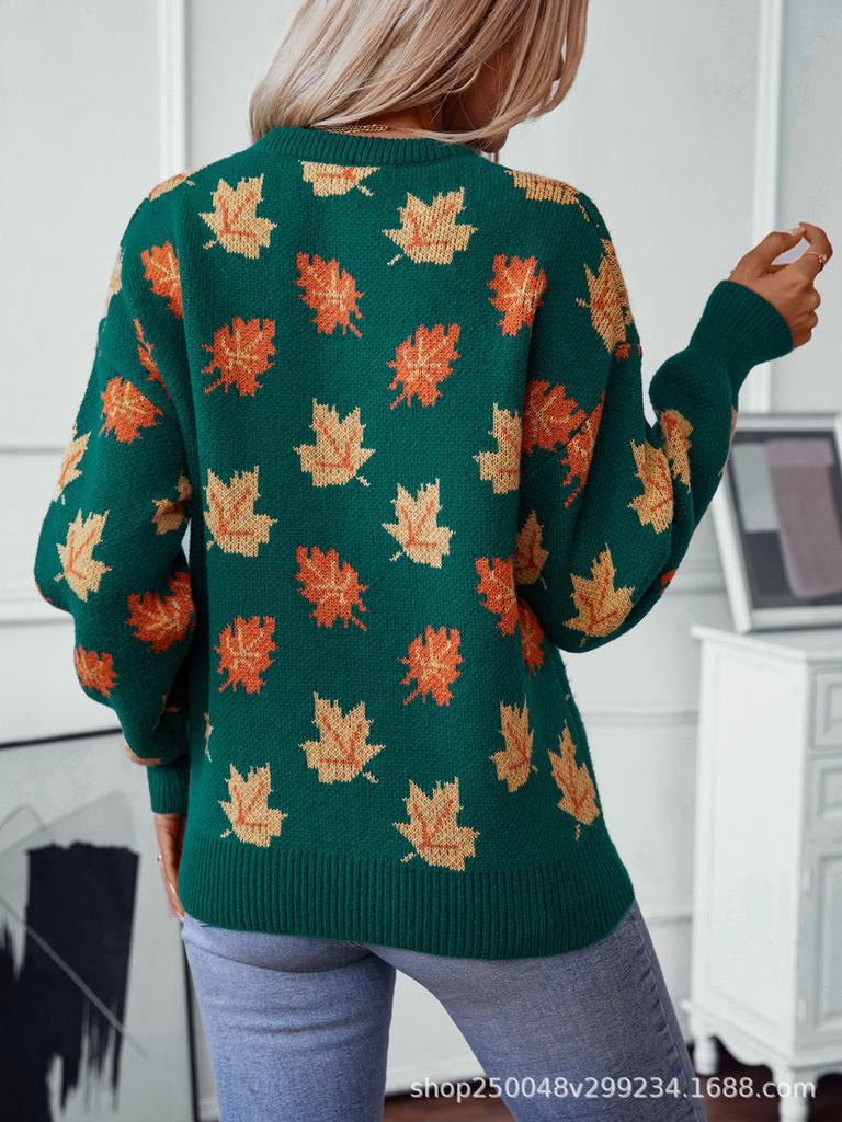 Autumn Leaf Pattern Knit Sweater for Women