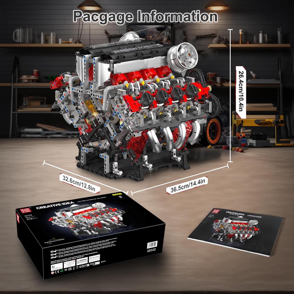 Mould King 10130 MOC Technology Inline Gasoline Engine Cylinder Liter V8 Engine Technology Clamp Block Includes Box (V8) 8-Cylinder Kit, 3.9