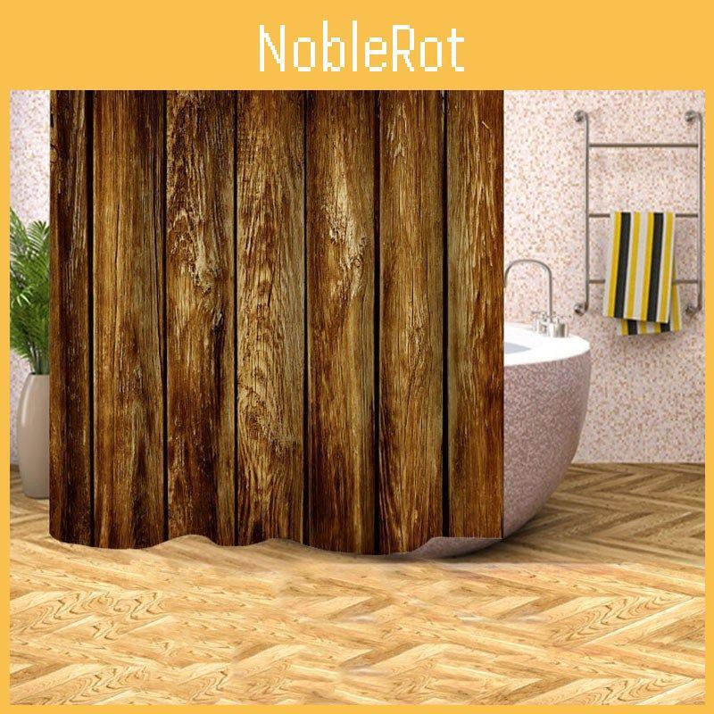 Rustic Curtain Shower Wood Barn Door Pattern Bath Curtain Waterproof Hooks With