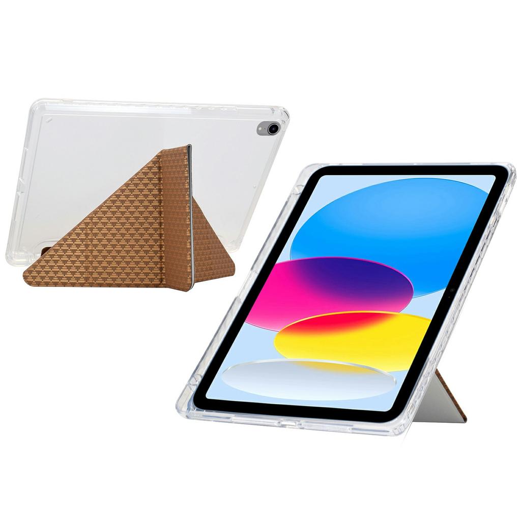 For iPad (2025)/10.9 (2022) Case Y-Fold Stand Pyramid-Patterned Leather+Clear Acrylic Tablet Cover with Pencil Holder