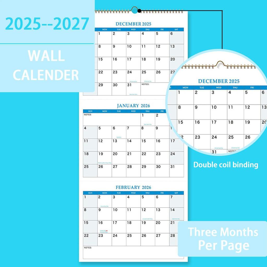 Wandkalender 2026 mit 3-Monats-Vertikalanzeige, Dezember 2025 bis Januar 2027, für täglichen Zeitplan monatliche Organisationsplanung