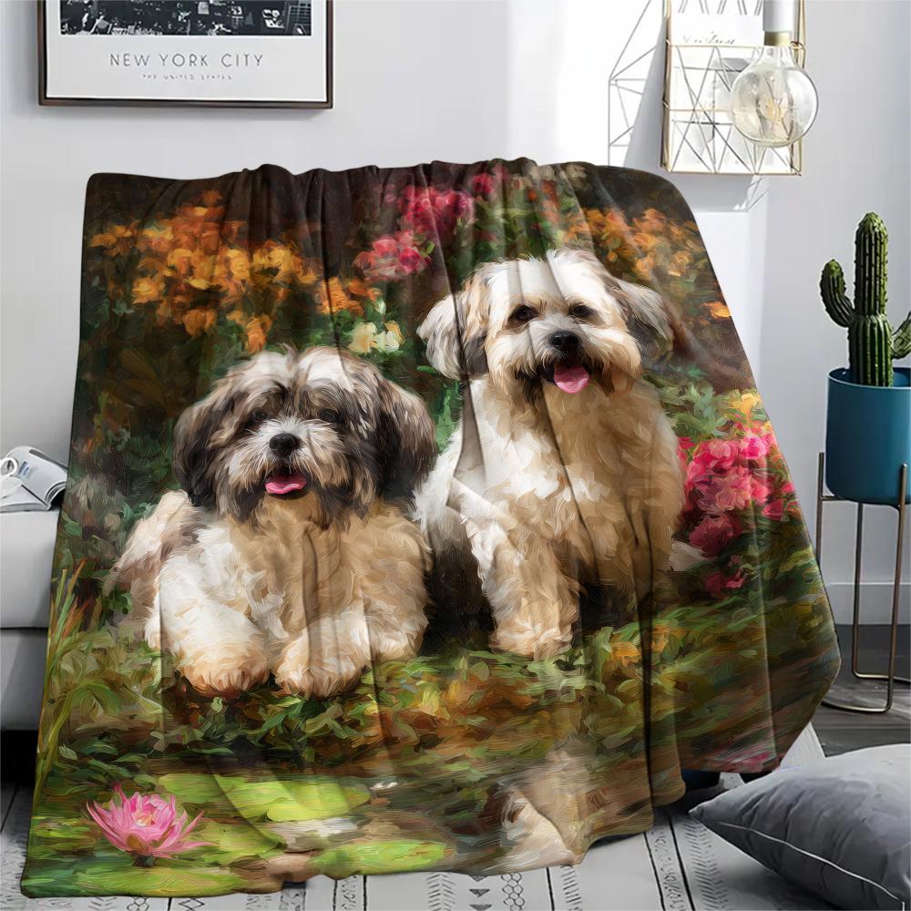 Shih Tzu and grass,pattern Flannel Blanket, High quality Comfortable for All Seasons, Home Decor, Warmth and Comfort, Perfect for Gifts.
