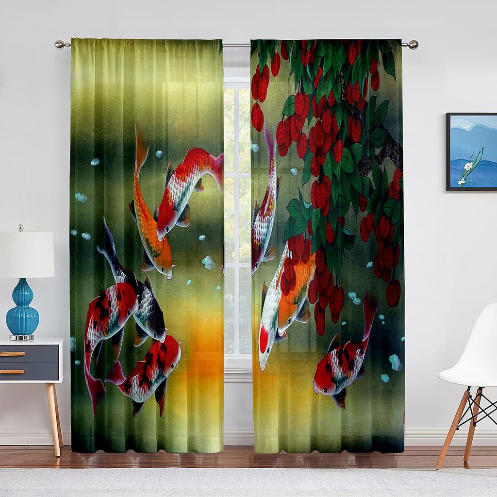 Goldfish Koi Fish Ink Painting Leaves Tulle Curtains for Living Room Bedroom Decor Chiffon Sheer Voile Kitchen Window Curtain