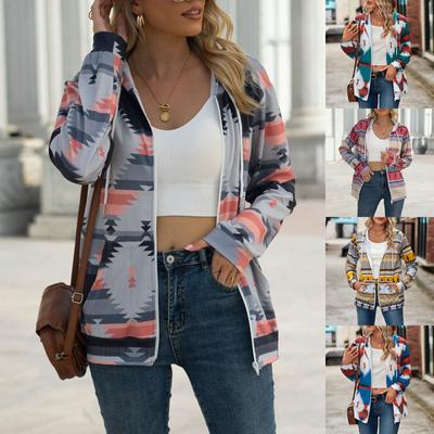 Lässige, lässige, bedruckte Sweatshirt-Kapuzenjacke mit Reißverschlusstasche für Damen