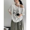 Summer Slack Personality Letter Printed Short Sleeve T-Shirt Women's Loose Lace-Up Slash Shoulder Top E