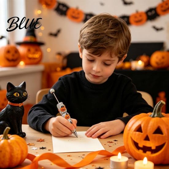 Rhinestone Writing Pen Beadable Pen Glitter Plastic Beaded Halloween Pumpkin Ghost Skull Smooth Gel Ink for DIY Craft Making School Office Supplies