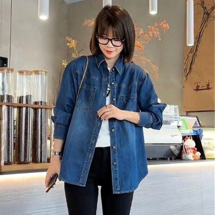 Vintage Denim Blue Blouse for Women Casual Loose Long Sleeve Button Autumn Outerwear