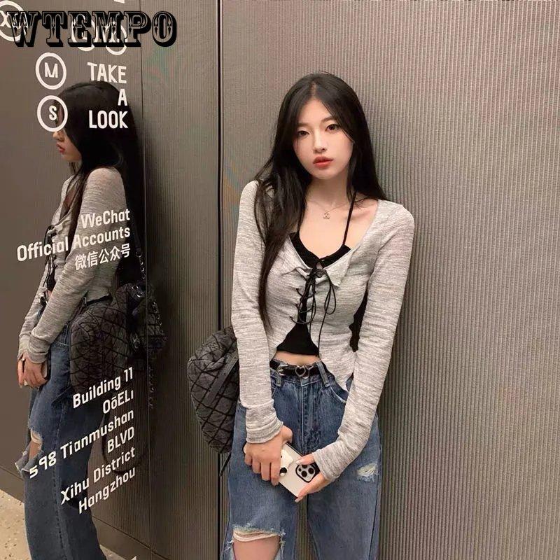 Costum coreean de vară Set 2 bucăți cu bretele casual Camis negru + mânecă lungă Topuri decupate solide Bluză casual șic subțire